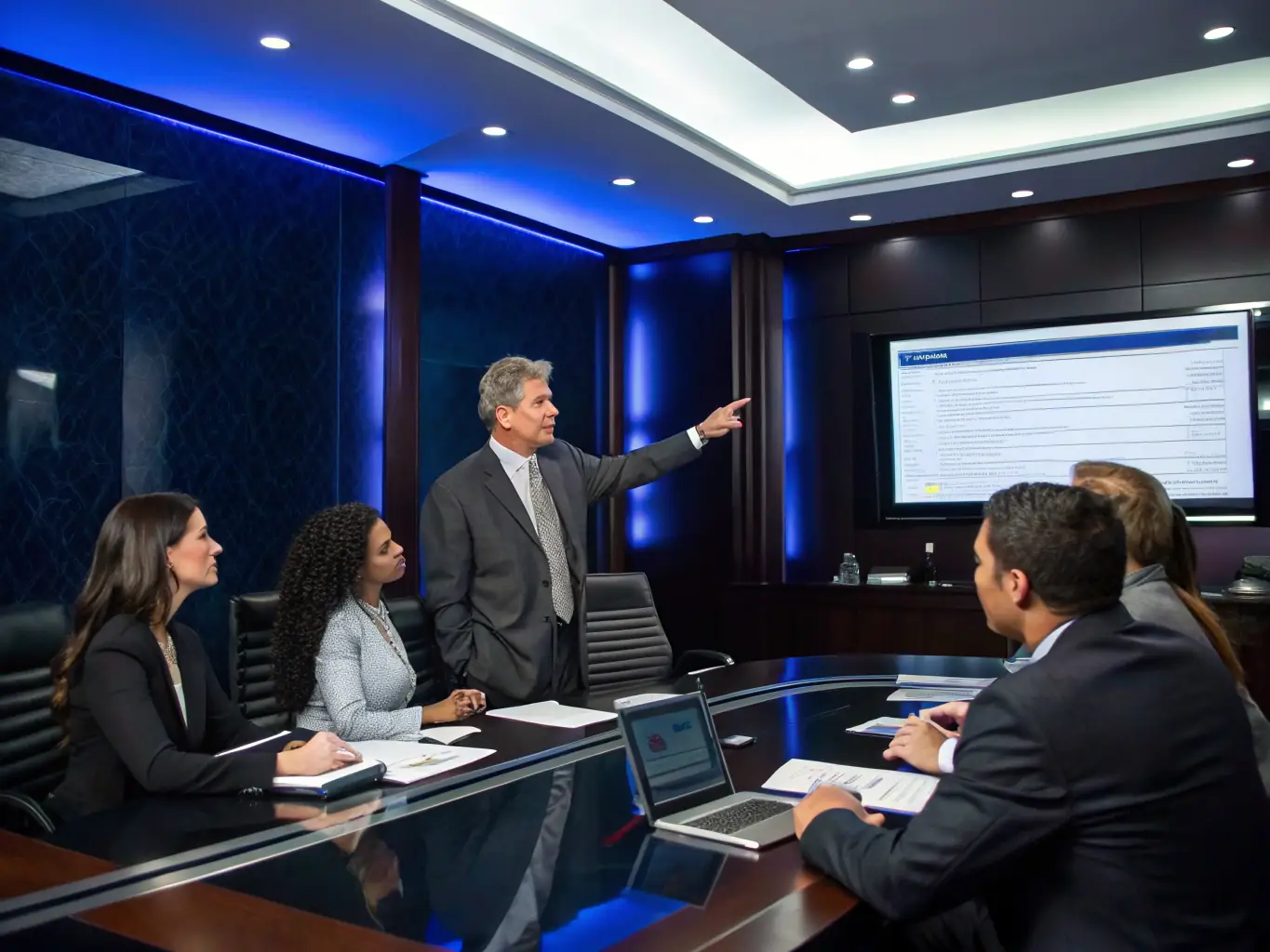 A professional in a suit confidently presenting to a team in a modern office, symbolizing leadership development.