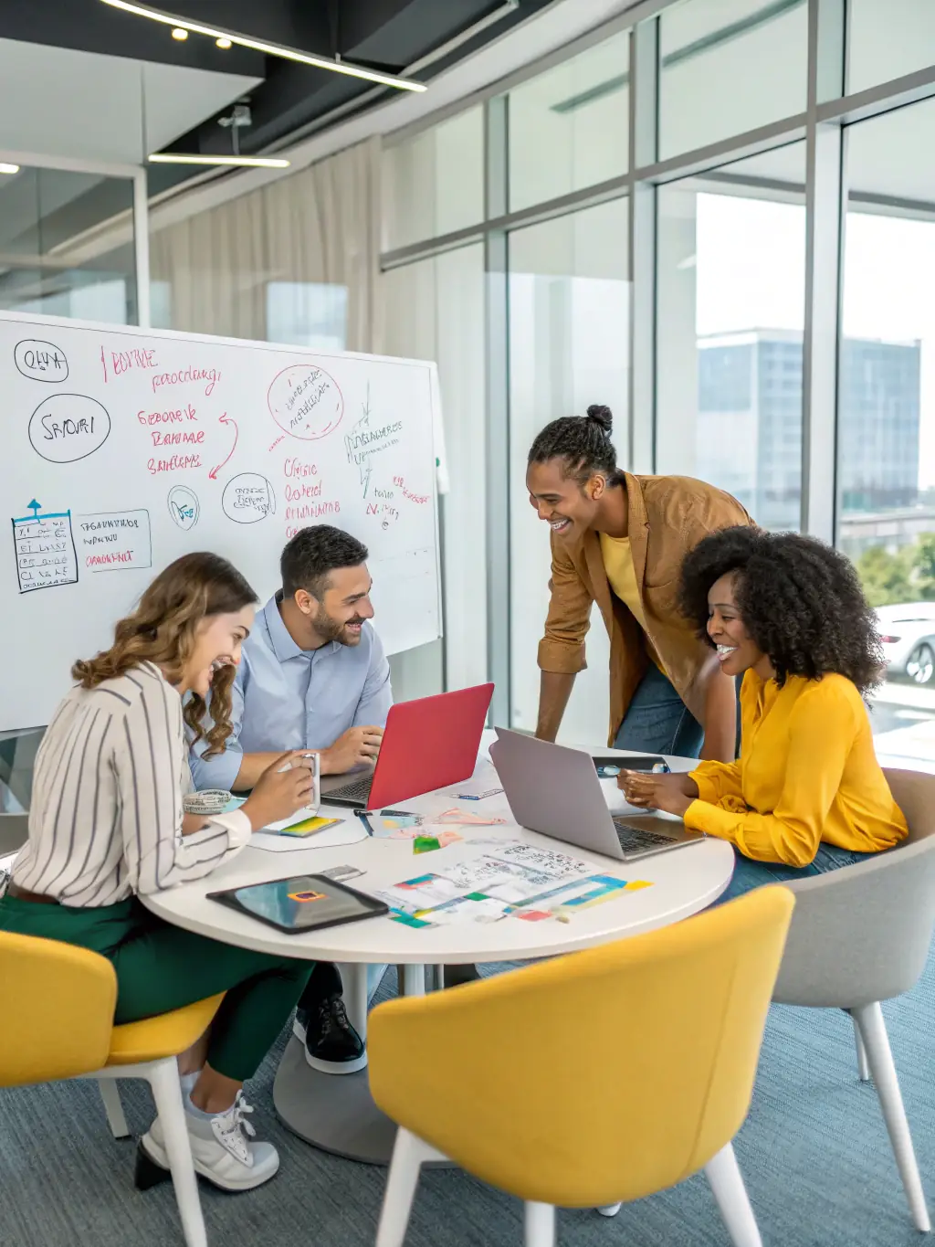 A diverse group of professionals participating in a leadership workshop, engaging in team-building activities and interactive learning exercises.