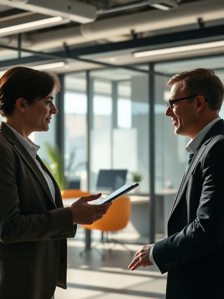 A professional business coach guiding a client through a strategic planning session, using visual aids and collaborative discussions in a modern office setting.
