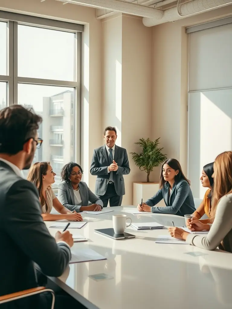 A business coach facilitating a group coaching session, empowering participants to share insights, overcome challenges, and achieve collective goals.